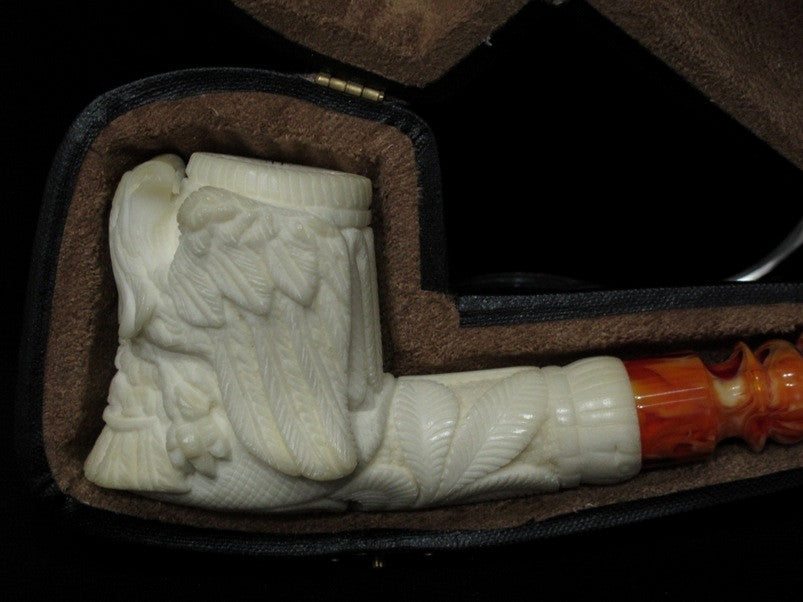 2 Headed Eagle Emblem Meerschaum Pipe Sea foam stone free hand pipes case 3962