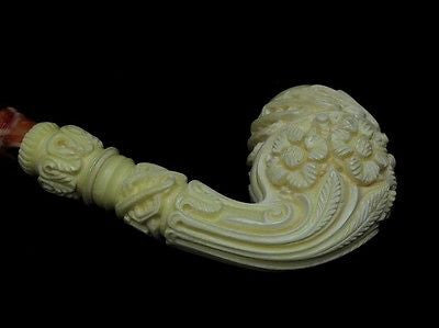 Bent Floral Celtic Block Meerschaum pipe Long Shank by Kudret Big Bowl Case 4085
