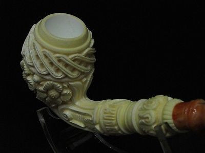 Bent Floral Celtic Block Meerschaum pipe Long Shank by Kudret Big Bowl Case 4085