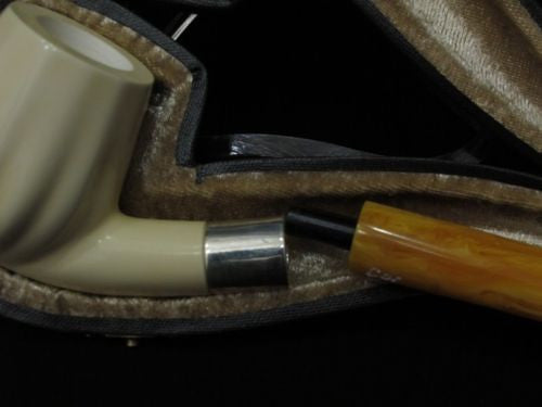 Paneled Bent Billiard Block Meerschaum Pipe Seafoam 925Sterling Silver Band 2867