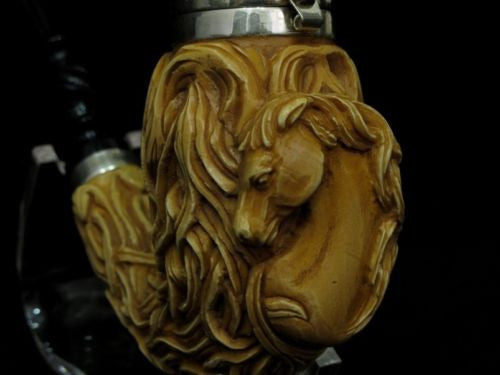 Horse w/Hair & Seaweed Block Meerschaum Pipe 925 Sterling Silver Bands Huge 0024