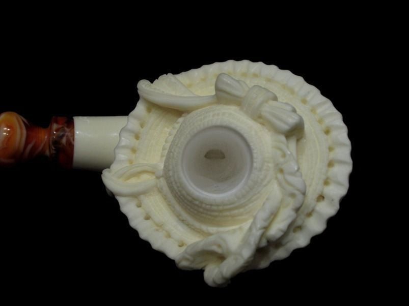 Beautiful Smiling Lady Woman w/Hat Block Meerschaum pipe by Cor Gift Case 7286