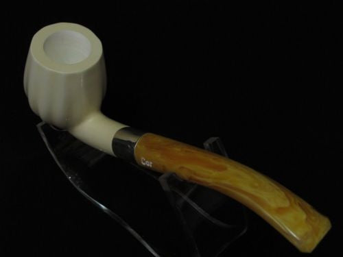Paneled Bent Billiard Block Meerschaum Pipe Seafoam 925Sterling Silver Band 2867