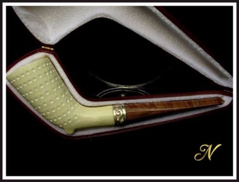 Lattice Stallion Horn Meerschaum Pipe Special Built w/out Screw Silver Ring 2911