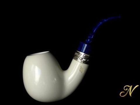 Smooth Apple Brandy Bent Meerschaum Pipe Special Built Silver Blue Acrylic 42312