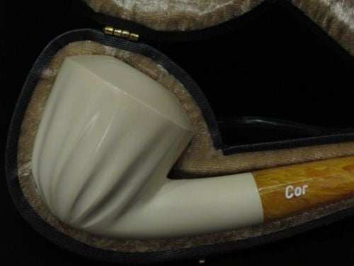 Smooth 3/4 Bent Paneled Apple Block Meerschaum Pipe Tobacco Smoking w/Case 3994