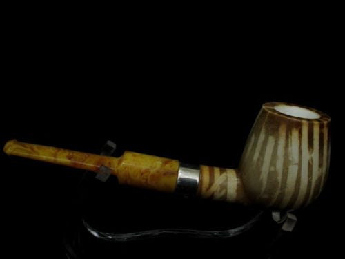 Striped Straight Billiard Meerschaum Pipe Sea foam 925 Silver Brown Patina 4726