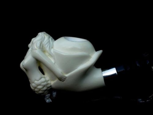 Mermaid Nude Turkish Block Meerschaum Pipe Mythological Acrylic Silver Ring 4519