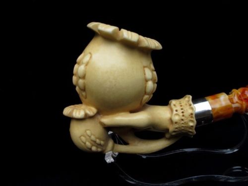 Yellow Poppy in King Hand Turkish Block Meerschaum Pipe Silver Ring 2 Stems 9979