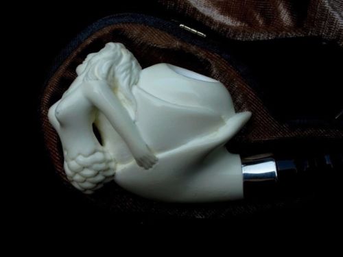 Mermaid Nude Turkish Block Meerschaum Pipe Mythological Acrylic Silver Ring 4519