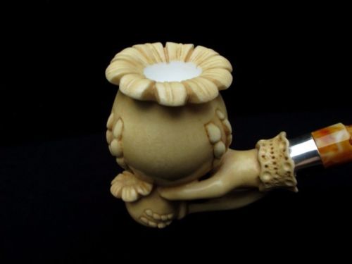 Yellow Poppy in King Hand Turkish Block Meerschaum Pipe Silver Ring 2 Stems 9979