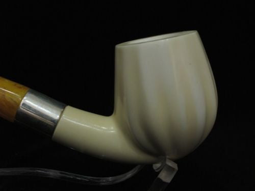 Paneled Bent Billiard Block Meerschaum Pipe Seafoam 925Sterling Silver Band 2867