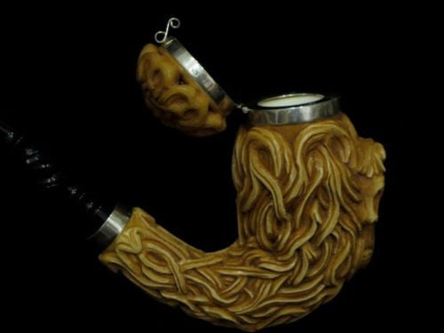 Horse w/Hair & Seaweed Block Meerschaum Pipe 925 Sterling Silver Bands Huge 0024