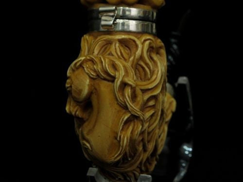 Horse w/Hair & Seaweed Block Meerschaum Pipe 925 Sterling Silver Bands Huge 0024