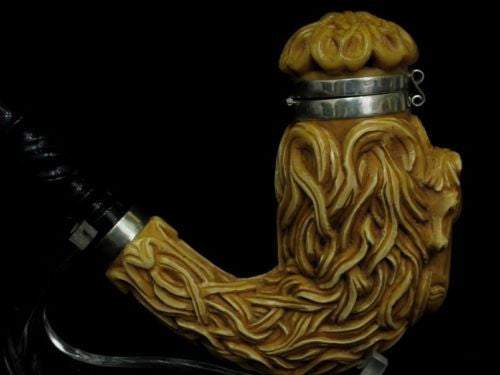 Horse w/Hair & Seaweed Block Meerschaum Pipe 925 Sterling Silver Bands Huge 0024