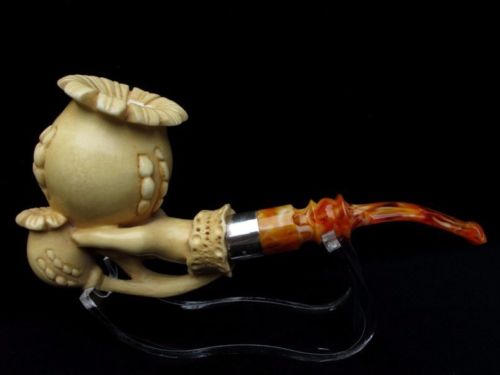 Yellow Poppy in King Hand Turkish Block Meerschaum Pipe Silver Ring 2 Stems 9979