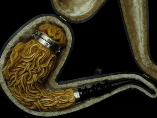 Horse w/Hair & Seaweed Block Meerschaum Pipe 925 Sterling Silver Bands Huge 0024