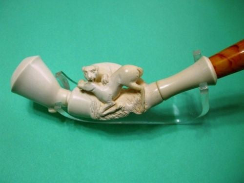 Lion Hunts Gazelle Block Meerschaum Pipe Animals Wild Hunt scene by H. Cor 9827