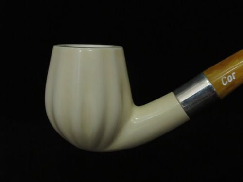 Paneled Bent Billiard Block Meerschaum Pipe Seafoam 925Sterling Silver Band 2867