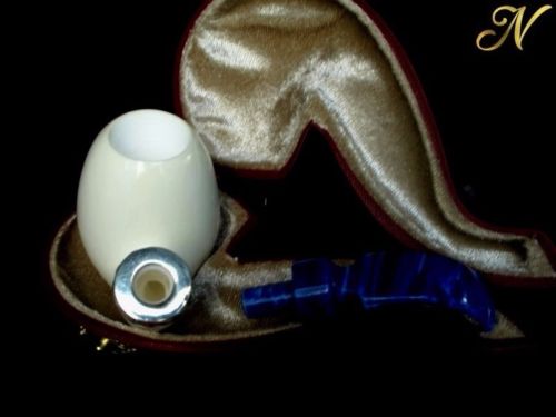 Smooth Apple Brandy Bent Meerschaum Pipe Special Built Silver Blue Acrylic 42312