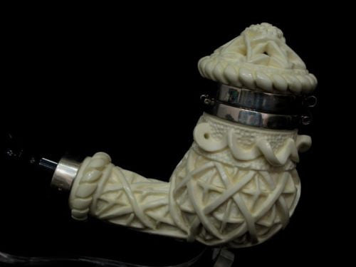 Ottoman Geometric Block Meerschaum Pipe w/a Lid, Silver Band, Acrylic Rare 7590