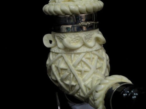 Ottoman Geometric Block Meerschaum Pipe w/a Lid, Silver Band, Acrylic Rare 7590