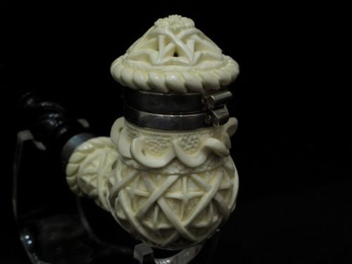 Ottoman Geometric Block Meerschaum Pipe w/a Lid, Silver Band, Acrylic Rare 7590