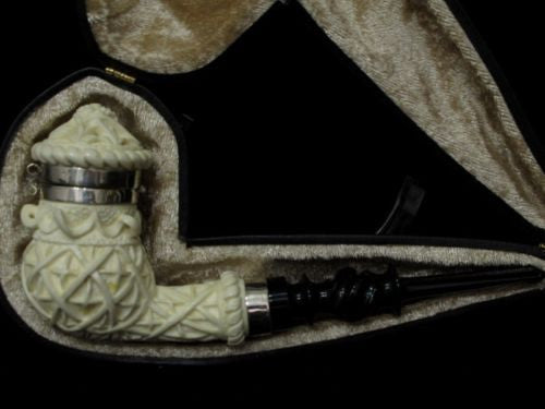 Ottoman Geometric Block Meerschaum Pipe w/a Lid, Silver Band, Acrylic Rare 7590