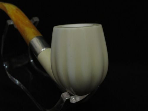 Paneled Bent Billiard Block Meerschaum Pipe Seafoam 925Sterling Silver Band 2867