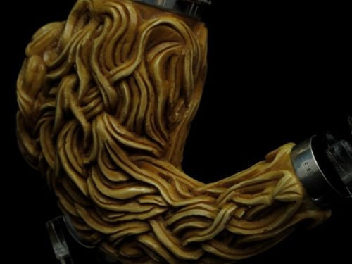 Horse w/Hair & Seaweed Block Meerschaum Pipe 925 Sterling Silver Bands Huge 0024