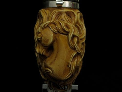 Horse w/Hair & Seaweed Block Meerschaum Pipe 925 Sterling Silver Bands Huge 0024