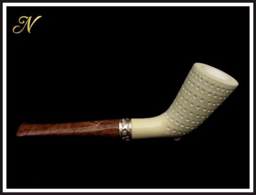 Lattice Stallion Horn Meerschaum Pipe Special Built w/out Screw Silver Ring 2911