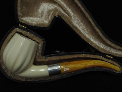 Paneled Bent Billiard Block Meerschaum Pipe Seafoam 925Sterling Silver Band 2867