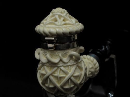 Ottoman Geometric Block Meerschaum Pipe w/a Lid, Silver Band, Acrylic Rare 7590