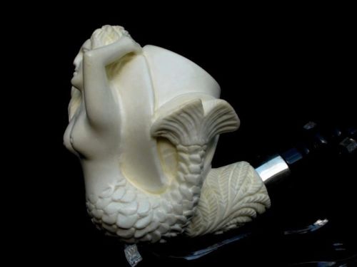 Mermaid Girl Turkish Block Meerschaum Pipe Silver Ring 3/4 Bent Acrylic Big 6919