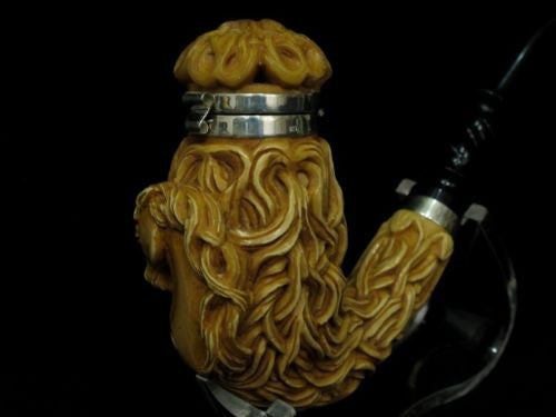 Horse w/Hair & Seaweed Block Meerschaum Pipe 925 Sterling Silver Bands Huge 0024