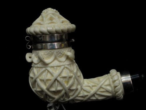 Ottoman Geometric Block Meerschaum Pipe w/a Lid, Silver Band, Acrylic Rare 7590