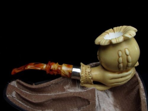 Yellow Poppy in King Hand Turkish Block Meerschaum Pipe Silver Ring 2 Stems 9979