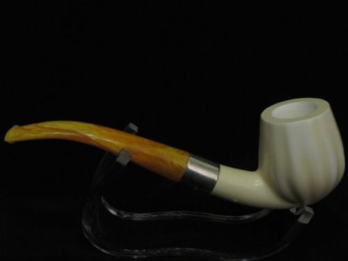 Paneled Bent Billiard Block Meerschaum Pipe Seafoam 925Sterling Silver Band 2867