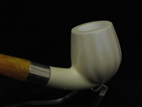 Paneled Bent Billiard Block Meerschaum Pipe Seafoam 925Sterling Silver Band 2867