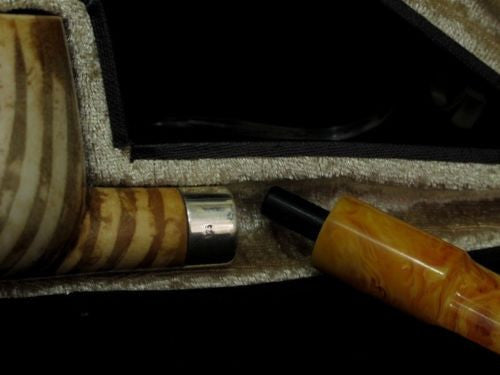 Striped Straight Billiard Meerschaum Pipe Sea foam 925 Silver Brown Patina 4726