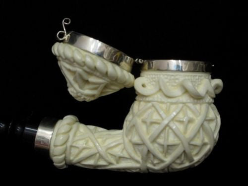 Ottoman Geometric Block Meerschaum Pipe w/a Lid, Silver Band, Acrylic Rare 7590