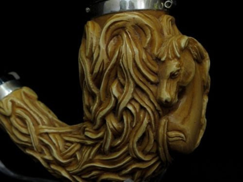 Horse w/Hair & Seaweed Block Meerschaum Pipe 925 Sterling Silver Bands Huge 0024