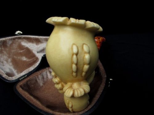 Yellow Poppy in King Hand Turkish Block Meerschaum Pipe Silver Ring 2 Stems 9979