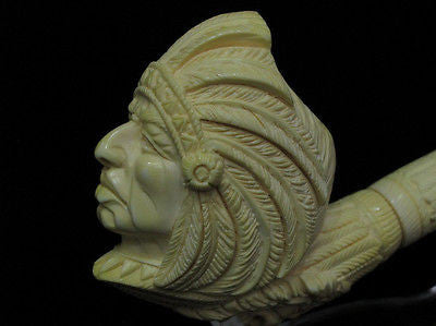 Indian Cherokee Lion Native Block Meerschaum Pipe Fitting Case Long Shank 9164