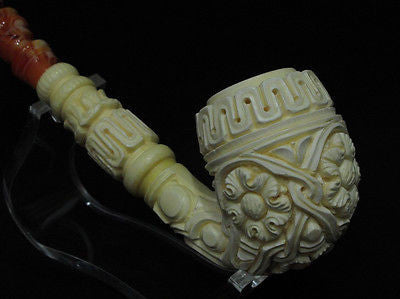 Floral Full Bent Oom Paul Churchwarden Meerschaum pipe by Kudret Big Bowl 0136