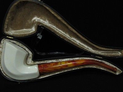 Smooth Paneled Block Meerschaum Pipe Long stem Light weight Gift case Ideal 0357