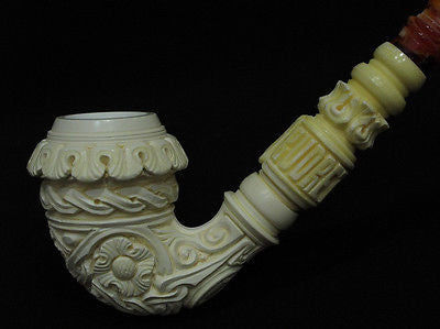 Floral Bent Calabash Churchwarden Solid Block Meerschaum pipe Big Bowl Case 6742