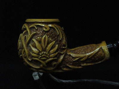 Wild Embossed Flowers Meerschaum Pipe Acrylic Stem Freehand Brown Women Men 4101