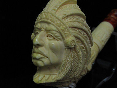 Indian Cherokee Lion Native Block Meerschaum Pipe Fitting Case Long Shank 9164